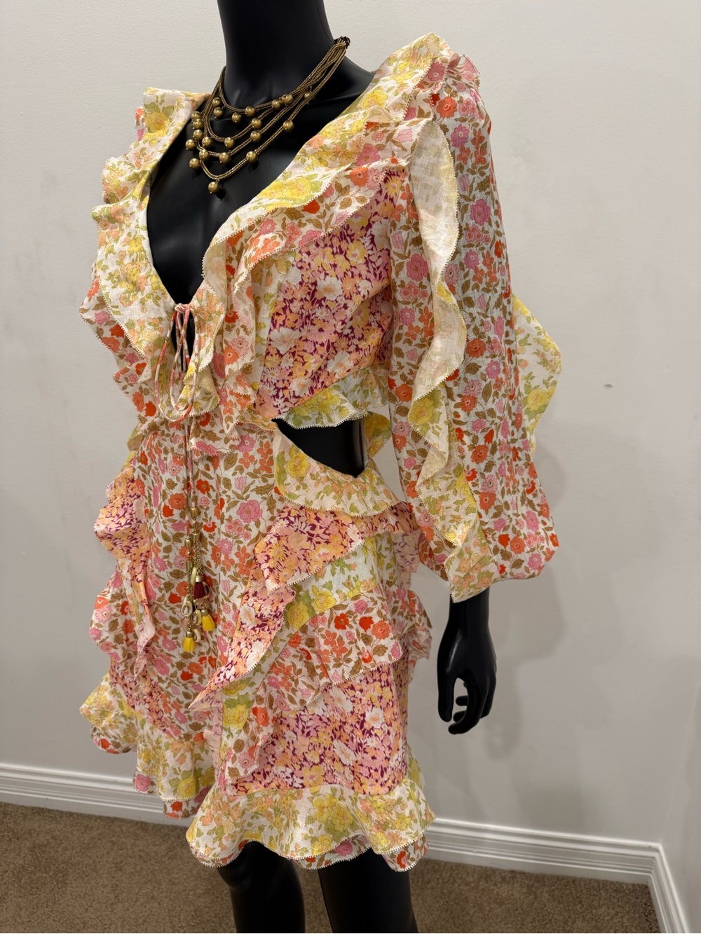 Zimmermann Floral Patchwork Ruffle Cutout Tie Front Mini Dress Size 2 - Picture 5 of 14